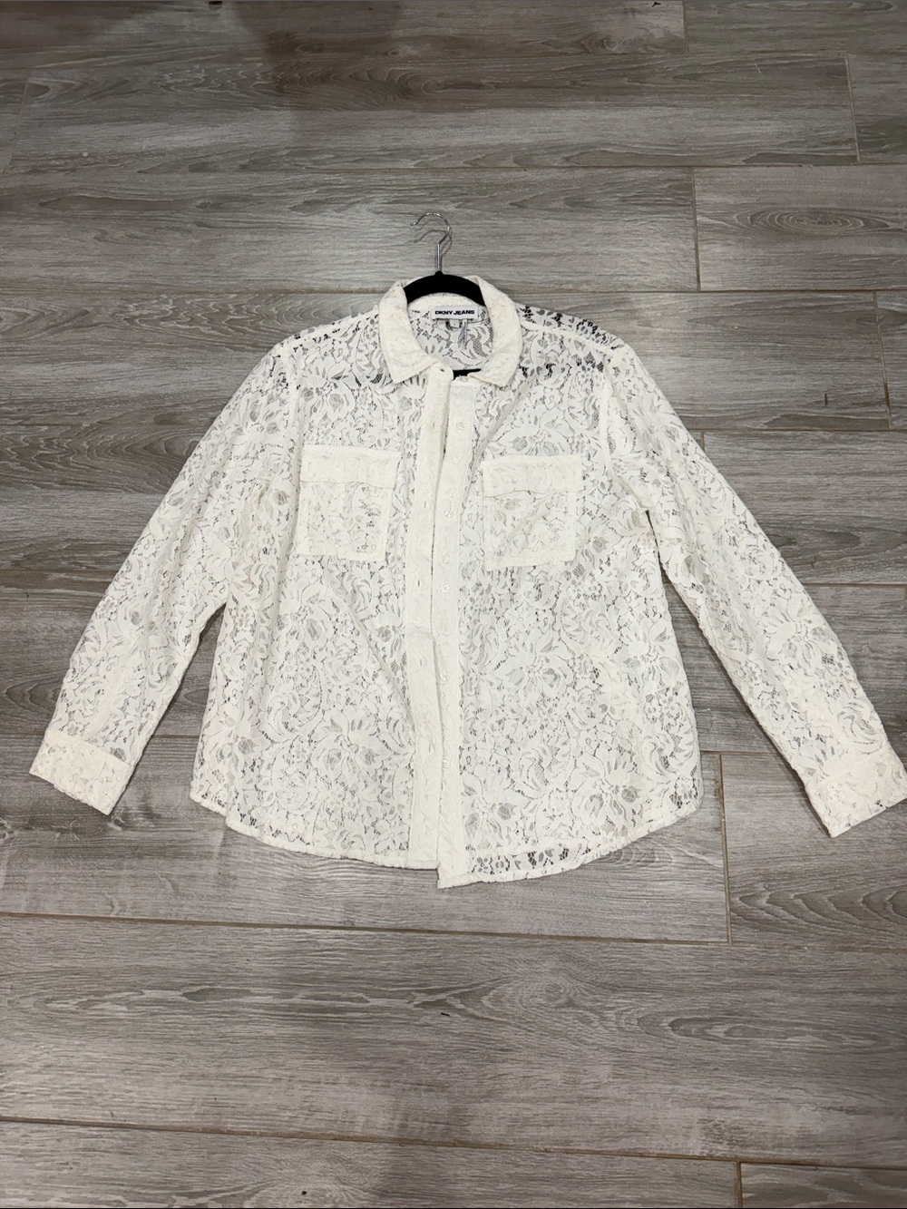 DKNY White Lace Long-Sleeve Shirt L